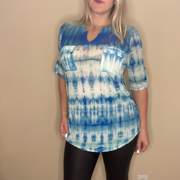 Faith and Joy Tops - 3 for $20 - Faith and Joy Tie Dye Sheer Top - Blue/White - Size Large - NWT